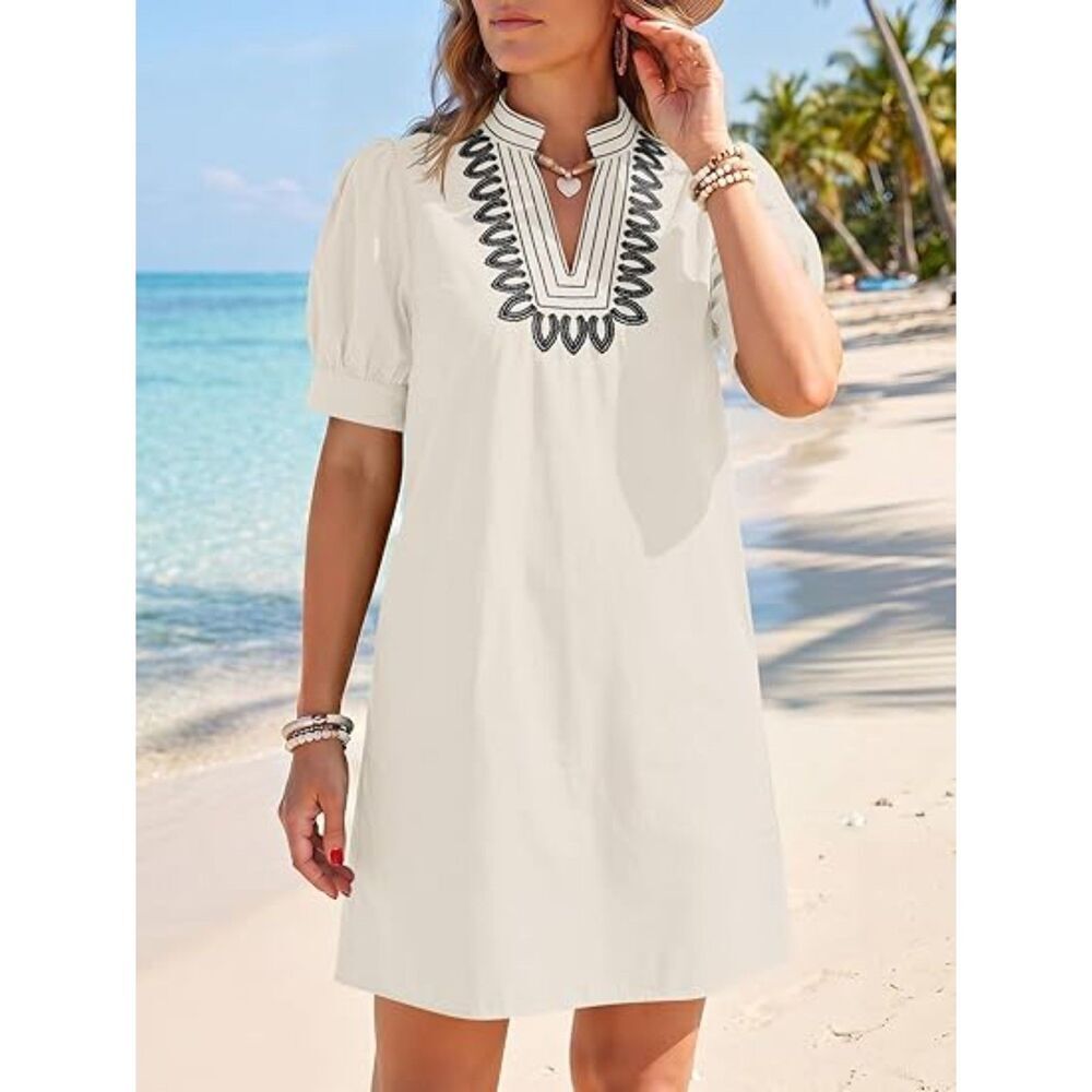 Women's Beige V Neck A Line Short Sleeve A Line  Embroidered Boho Short Dress - Picture 2 of 5
